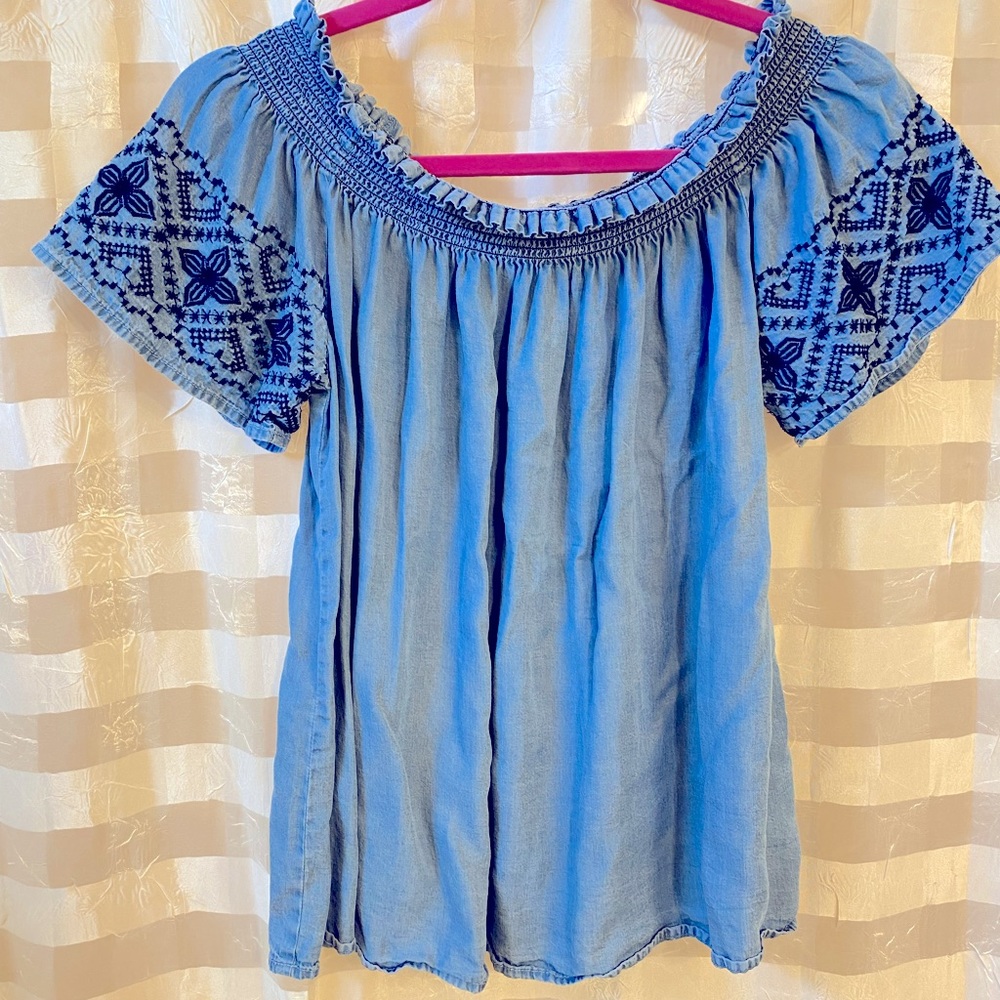 Chambray off the shoulder embroidered top